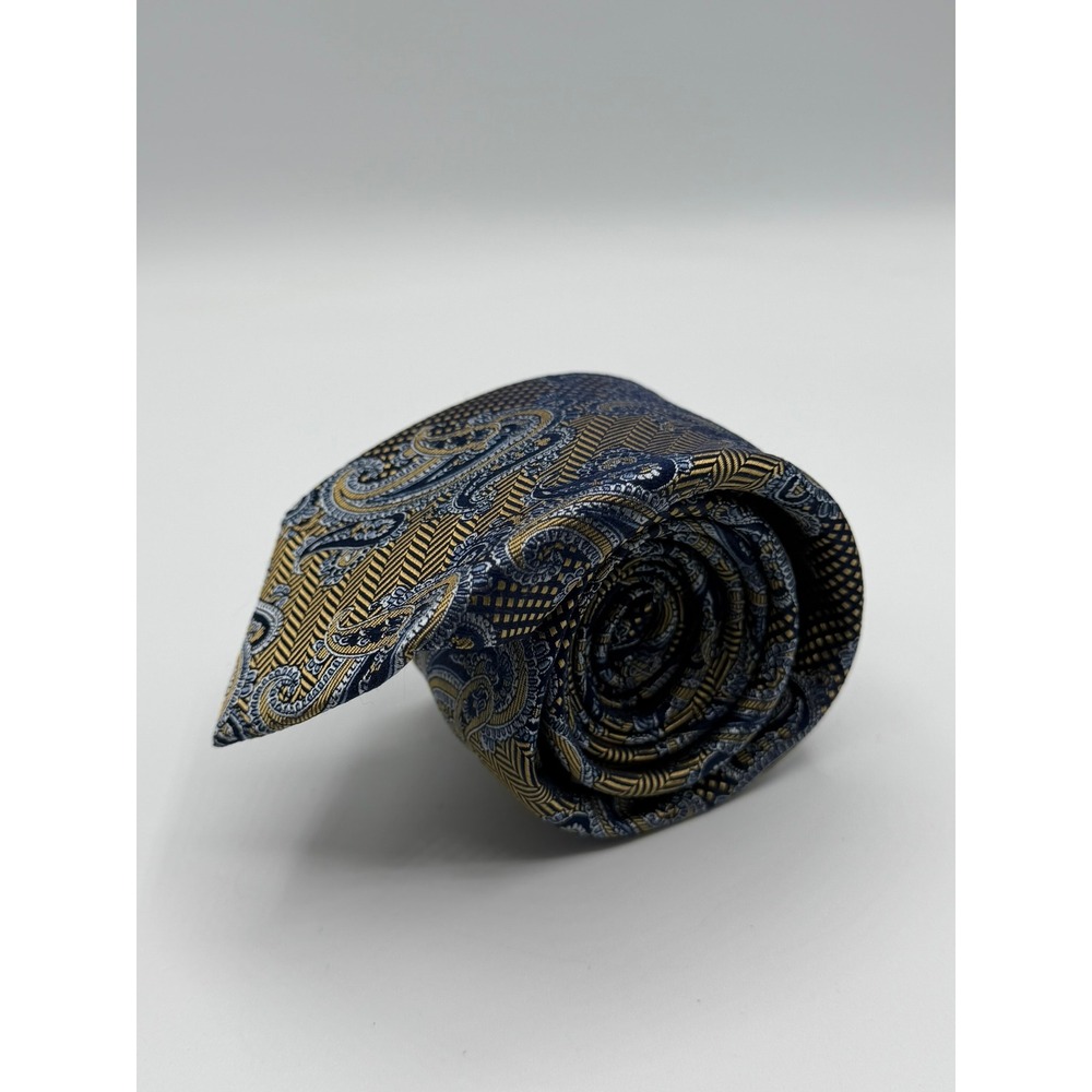 Jos. A. Bank 1906 Collection Silk Tie Navy Blue Gold Paisley Herringbone Mens